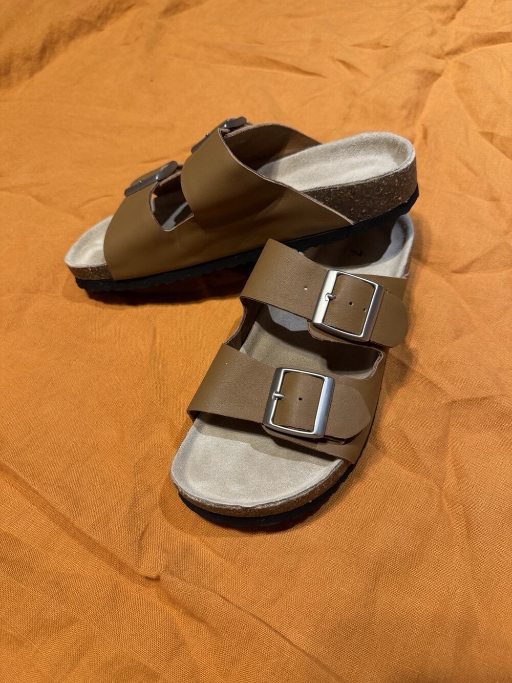 Quince Women’s Brown Nappa Leather Double Buckle Slide Size 7